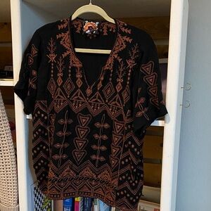 Johnny Was Black and Rust Embroidered Blouse